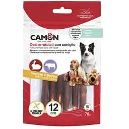 Ласощі для собак Camon Рулетики з яловичої шкіри обмотані кроликом 70гр