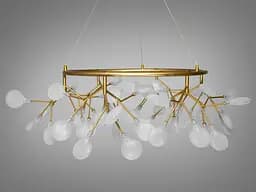 Шедевральна підвісна люстра в зал Світлячок, 54 лампи, золото сатин