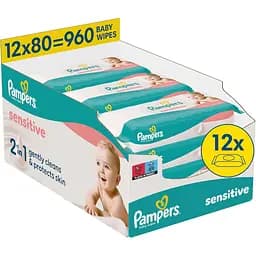 Дитячі вологі серветки Pampers Sensitive 960 шт. (12 упаковок x 80 шт.)
