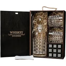 Подарочный набор Whiskey Stones камни для виски в деревянном пенале №7 + декантер и 2 стакана Bohemia Diamond + щипцы + мешочек