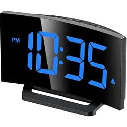 Будильник цифровий для спальні, сучасний вигнутий дизайн, видимі сині світлодіодні номери, 5 рівнів яскравості + зупинка, 2 томи