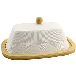 Маслянка порцелянова Interos з бамбуковою підставкою 20.8 см біла (PJ03449)