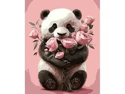 Картина за номерами Strateg Панда з букетом троянд на чорному фоні (40х50 см)