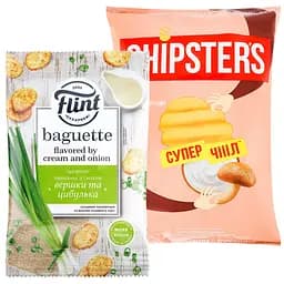 Набор: сухарики Flint Baguette Пшеничные со вкусом сливок и лука 60 г + чипсы картофельные большая волна Chipster's Грибы со сливочным соусом 95 г