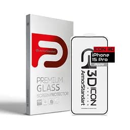 Захисне 3D скло для Apple iPhone 15 Pro, Icon 3D, загартоване, 9H, загартоване скло, повне проклеювання, протиударне, глянсове з олеофобним покриттям, на весь екран, сумісне з чохлами, проста установка, ArmorStandart (ARM68215)