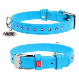 Ошейник для собак кожаный Waudog Glamour с QR-паспортом с клеевыми стразами Ш 12 мм Д 21-29 см голубой