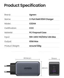 Зарядний пристрій Ugreen CD244 USB-A + 2 x USB-C 65 Вт GaN Tech Fast Charger сірий - мініатюра 4