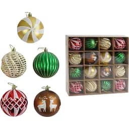 Набор новогодних украшений 16 игрушек на елку с рисунками, красного, зеленого и золотого цвета (161087)