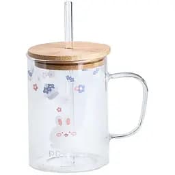 Чашка Happy Life стеклянная детская с принтом и бамбуковой крышкой синяя 500 мл HP7214B