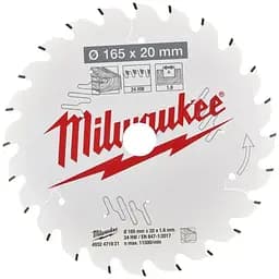 Диск пиляльний по дереву PFTE THIN KERF MILWAUKEE, діаметр 165х20х1,6мм, 24 зуб.