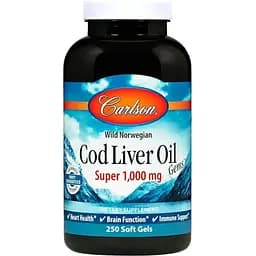 Жир из печени норвежской трески Carlson Cod Liver Oil 1000 мг 250 гелевых капсул