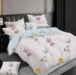 Постельное комбинированное белье Страйп сатин с цветочным принтом Голубо-розовый полуторный комплект двусторонний дизайн