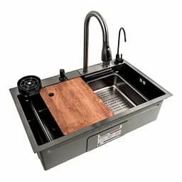 Кухонна мийка чорна PVD 75x46F Platinum Handmade Водоспад Fly rain, Чорний