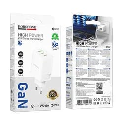 СЗУ BOROFONE BN32, 2xUSB-C+1xUSB, PD65W+QC3.0, White, Box - мініатюра 7