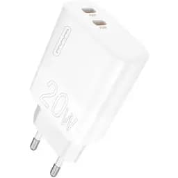 Зарядний адаптер блок на 2 виходи WUW-C193 PD20W+PD20W Charger USB C + USB C white