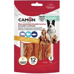 Снек для собак Camon палички з яловичої шкіри обмотані куркою і тріскою 70 г 