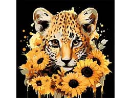 Картина за номерами на чорному фоні Strateg Леопард та золоті соняшники (30х30 см)