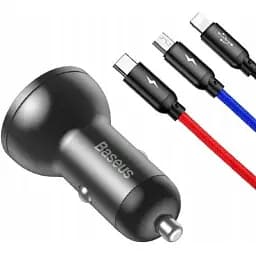 Автомобільний зарядний пристрій Baseus Digital Display Dual USB 4.8A Car Charger with 3-in-1 Cable USB 1.2M Сірий