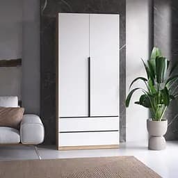 Шафа для одягу Vays M-30 Дуб Сонома-Білий фасад, 2 шухляди, з штангою та полицями, ЛДСП, 100×50×220 см – для спальні, вітальні, передпокою