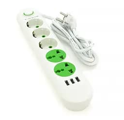 Сетевой фильтр-удлинитель Voltronic F02UW 3 розетки EU + 2 розетки Universal + 3 USB, 1.5 м, 2500W, White - мініатюра 1