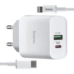 Сетевое зарядное устройство Hoco C80A Rapido PD20W + QC3.0 charger set Type-C to Lightning (EU) Белый