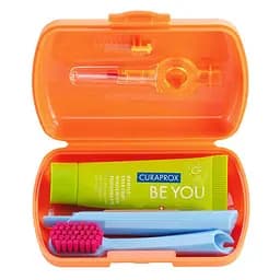 Дорожный набор по уходу за ротовой полостью Curaprox Travel Set Orange: Раскладная щетка CS5460 Ultra Soft + Зубная паста Be You 10 мл + Ершики + Тревел-кейс