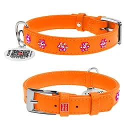 Нашийник для собак шкіряний Waudog Glamour з QR-паспортом з клейовими стразами "Квіти" Ш 20 мм Д 30-39 см