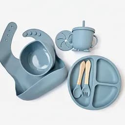 Детская силиконовая посуда (набор 7 предметов)на присосках,для первого прикорма. Цвет Голубой