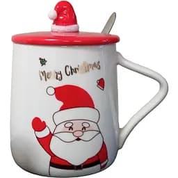 Новогодняя чашка с крышкой и ложкой Счастливого Рождества Санта-керамика 360мл Белая с красным