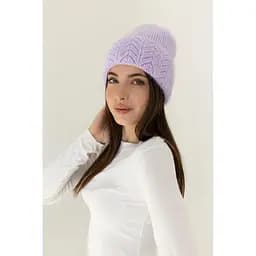 Женская вязаная шапка Ангора Ажур с флисовой подкладкой 60% ангора Сиреневый