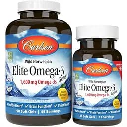 Жирные кислоты Carlson Labs Wild Norwegian Elite Omega 3 Gems, 90+30 капсул - Лимон
