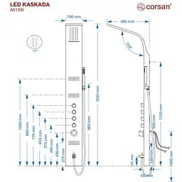 Душова панель Corsan Kaskada silver LED з виливом та термостатом A014MSLLEDW, Сірий - мініатюра 5