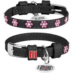 Нашийник для собак Waudog Glamour шкіряний з QR паспортом, з клейовими стразами Квіточка, XS, Ш 12 мм, Дов 21-29 см (4820082498986)