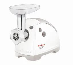 Moulinex М'ясорубка, 2000Вт, 2.6кг/хв, 3 решітки, насадка для ковбас, кеббе, 5 терок, пластик, біло-сірий