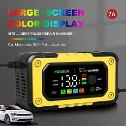 Автомобільний зарядний пристрій Foxsur FBC1207E 12V/7А Автоматичний імпульсний з функцією відновлення Yellow Red (19428) - мініатюра 3