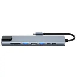 Хаб USB GTL "8-in-1", Grey, Type-C 3.1 - 1xType-C (100 Вт) / 1xType-C 2.0 / 1xUSB 3.0 / 1xUSB 2.0 / HDMI / GLan / microSD / SD, кабель 15 см, алюмінієвий корпус (GTLHUB8IN1) - мініатюра 2