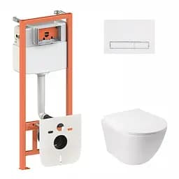Набор Qtap инсталляция 3 в 1 Nest QT0133M425 с панелью смыва линейной QT0111M08V1384W + унитаз с сиденьем Jay QT07335176W, Белый