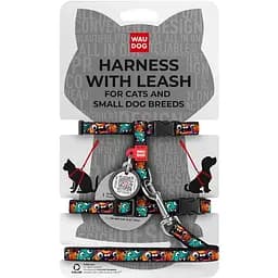 Шлея з повідцем для котів та дрібних порід собак Waudog Nylon з QR паспортом Зубасті монстри XS