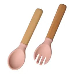 Приборы силиконовые детские OldBro ложка и вилка с деревянной ручкой, Pink