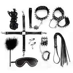 Набір Art of Sex - Spikes BDSM Set Leather, 10 предметів, натуральна шкіра, Чорний