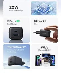Зарядний пристрій UGREEN X514 GaN 2в1 для iPhone 16/15/14 Samsung Galaxy/Xiaomi Tablet/iPad 20 Вт Black (55534) - мініатюра 5