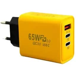 Сетевое зарядное устройство 65W 2xType-C + USB быстрый адаптер 9177 PD GaN для ноутбуков и смартфонов желтый