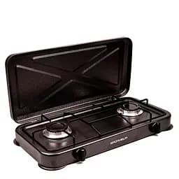 Настольная газовая плита Grunhelm GGP-6012 на две конфорки с крышкой для кемпинга нержвеющая сталь Черная