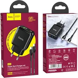Мережевий зарядний пристрій Hoco N5 1USB + Type-C PD20W+QC3.0 3A Black + Cable Type-C to Type-C - мініатюра 3