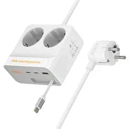 Мережевий фільтр HOCO AC28A на 2 розетки + 1 USB + 3 USB-C, 45W, 220В, кабель 2м, White, Box - мініатюра 2
