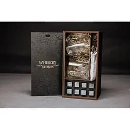 Подарунковий набір Whiskey Stones камені для віскі у дерев'яному пеналі 8 шт. + 2 склянки Bormioli Rocco Selecta + щипці + мішечок - мініатюра 2