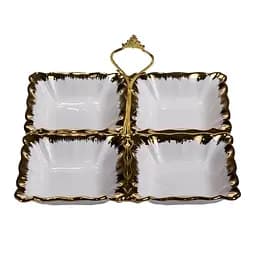 Менажница фарфоровая на 4 секции для закусок тарелка менажница 22.5×22.5×3 (см) с ручкой Белый с золотом Yiwu LC-BYL-101