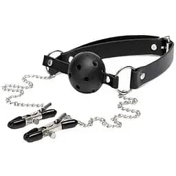 BDSM-аксесуар кляп із затискачами для сосків чорний K000766