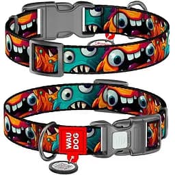 Нашийник для собак нейлоновий Waudog Nylon з QR адресником Зубасті монстри S 15х25-35 см