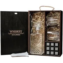 Подарочный набор Whiskey Stones камни для виски в деревянном пенале №7 + декантер и 2 стакана Rocco Selecta + щипцы + мешочек